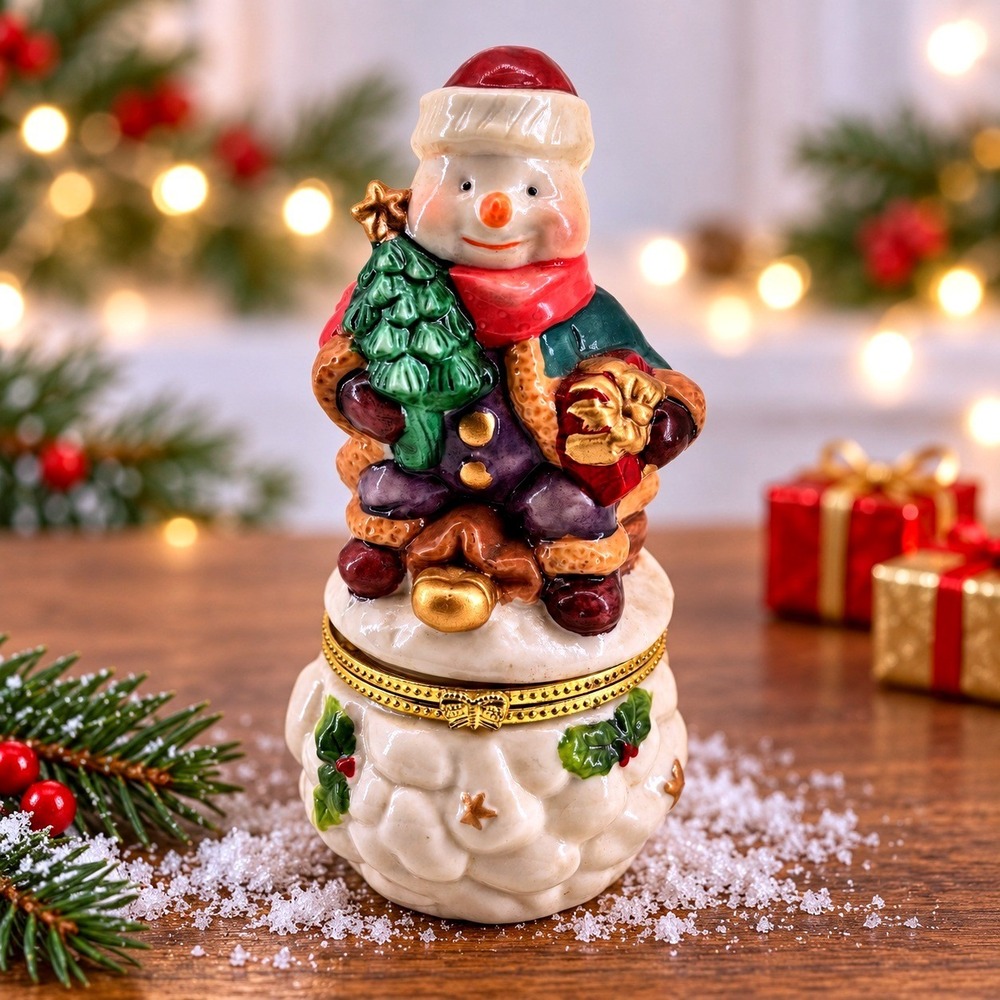 Vintage Porcelain Snowman Trinket Box Christmas Tree Holly Cottagecore Whimsical